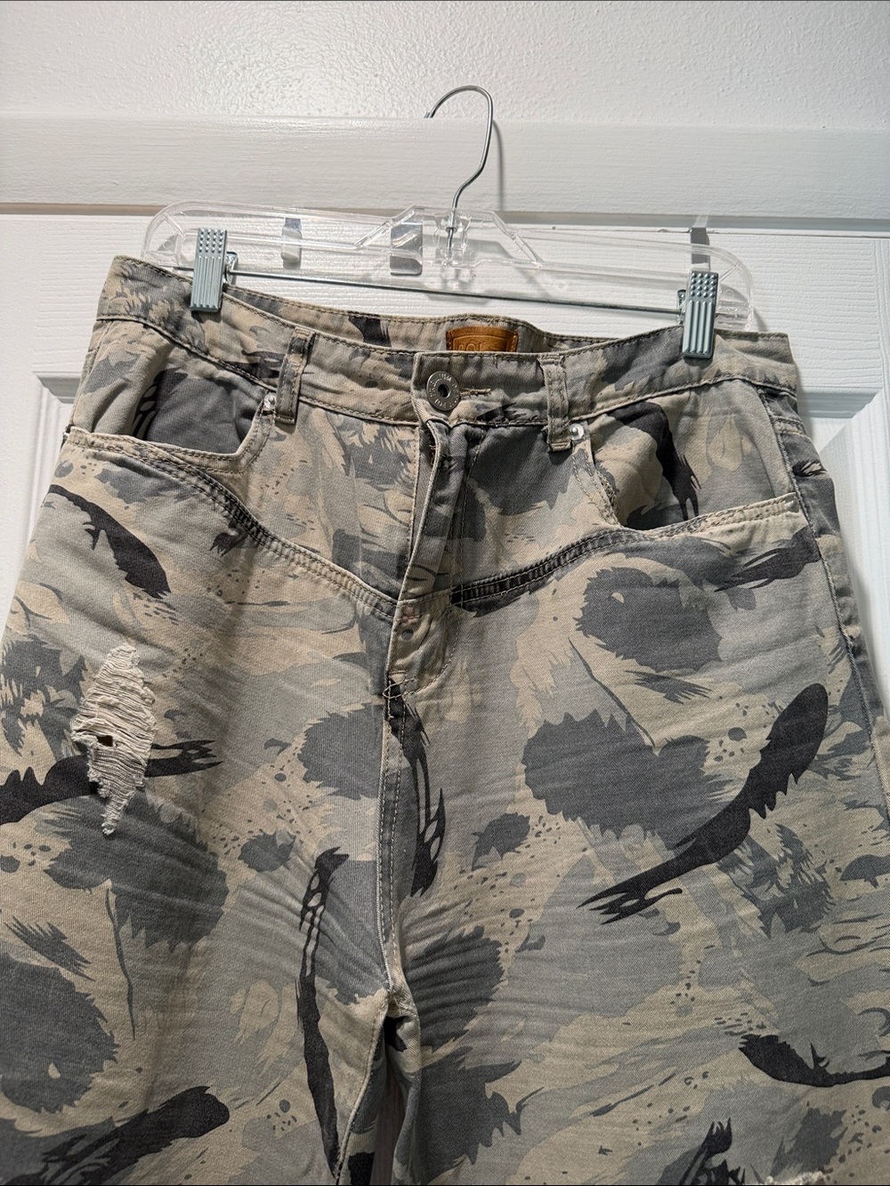 POL Distressed Wide-Leg Jeans with Gray Camouflage and Leopard Cuff - Picture 2 of 4